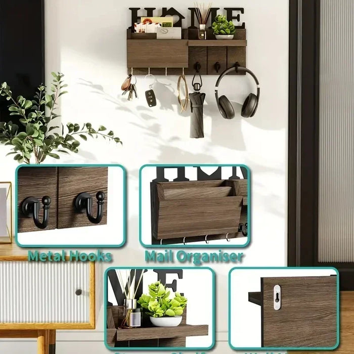 Rustic Wooden Wall-Mounted Organiser with Shelf and 7 Hooks