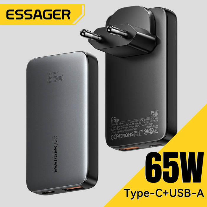 65W GaN USB-C PD & QC 3.0 Fast Charger – USB-C + USB-A, EU/UK/US Plug