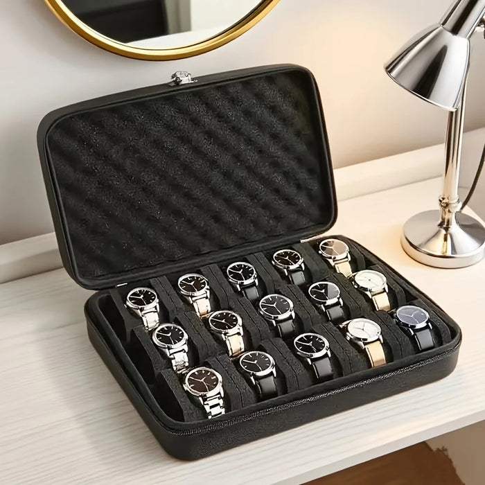 15-Slot Watch & Jewellery Storage Box — Velvet, Portable, Black