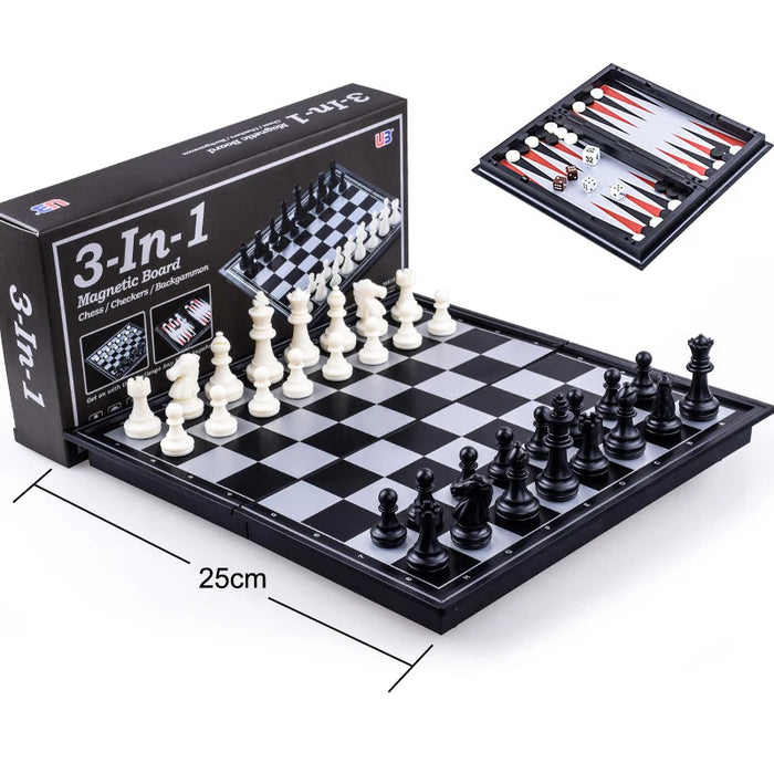 Foldable Magnetic 3-in-1 Board — Chess, Checkers & Backgammon, 25cm