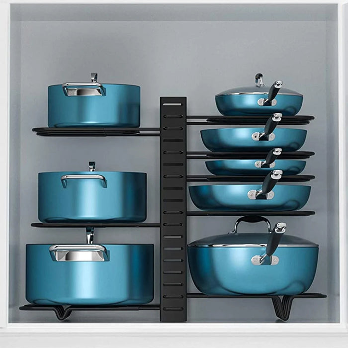 8-Tier Adjustable Pan & Pot Organiser Rack — 3 Assembly Options
