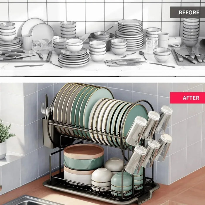 2-Tier Dish Drainer with Drain Board, Cup & Utensil Holders