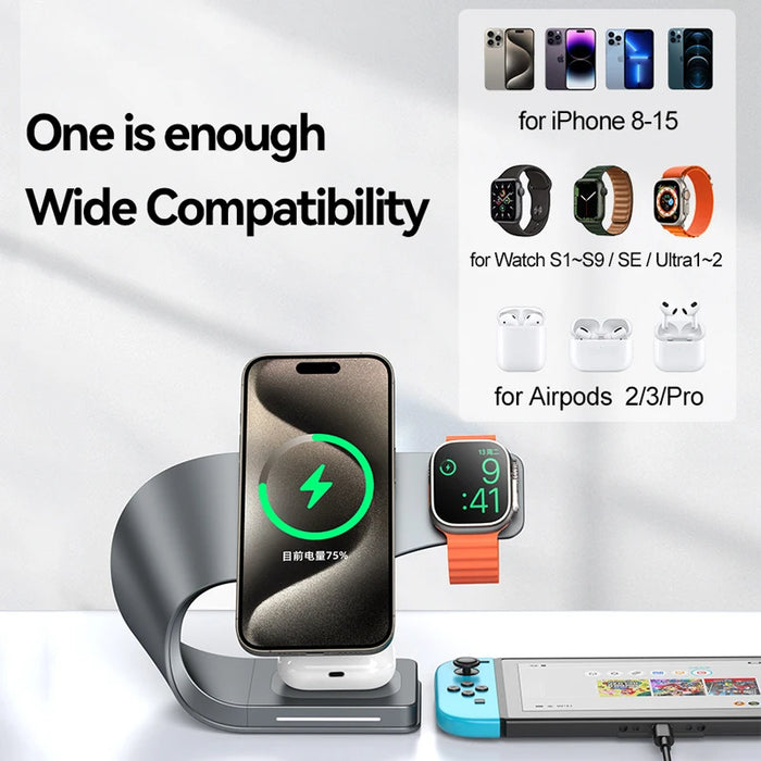 4-in-1 Magnetic 15W Metal Wireless Charging Station – Phone, Watch & Earbuds