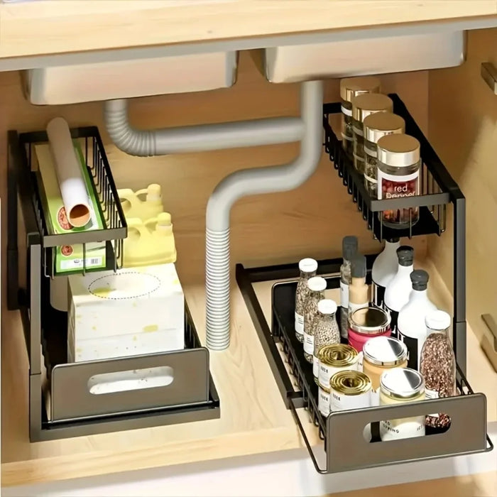 Double-Layer Pull-Out Under-Sink Shelf — Sliding Cabinet Storage for Kitchen & Bathroom