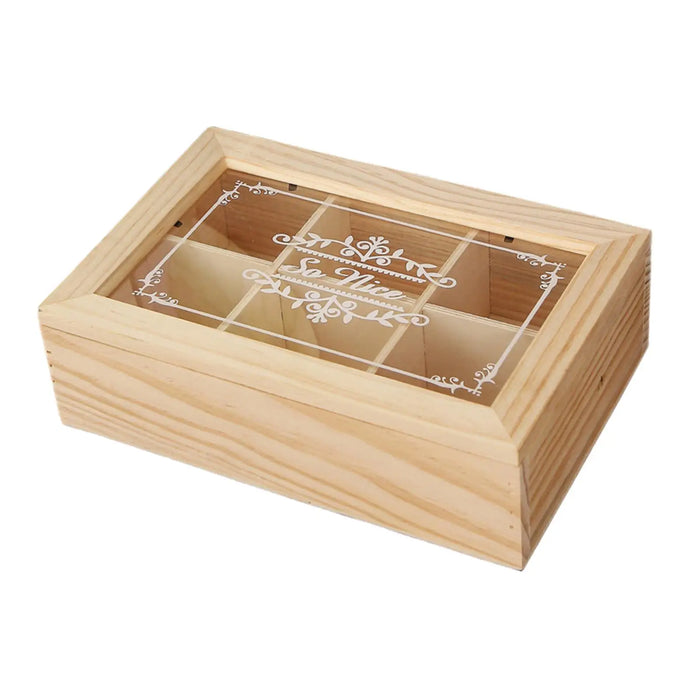 Wooden 6-Compartment Tea Box with Transparent Lid — 24×16×7 cm Organiser