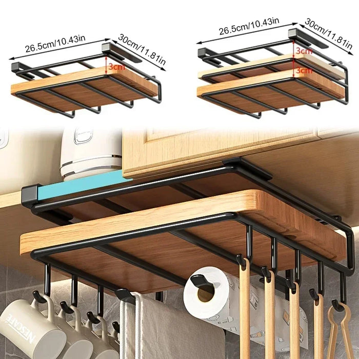 Under-Cupboard Kitchen Hanging Rack with Hooks — Paper Towel, Cutting Board & Pot Lid Holder