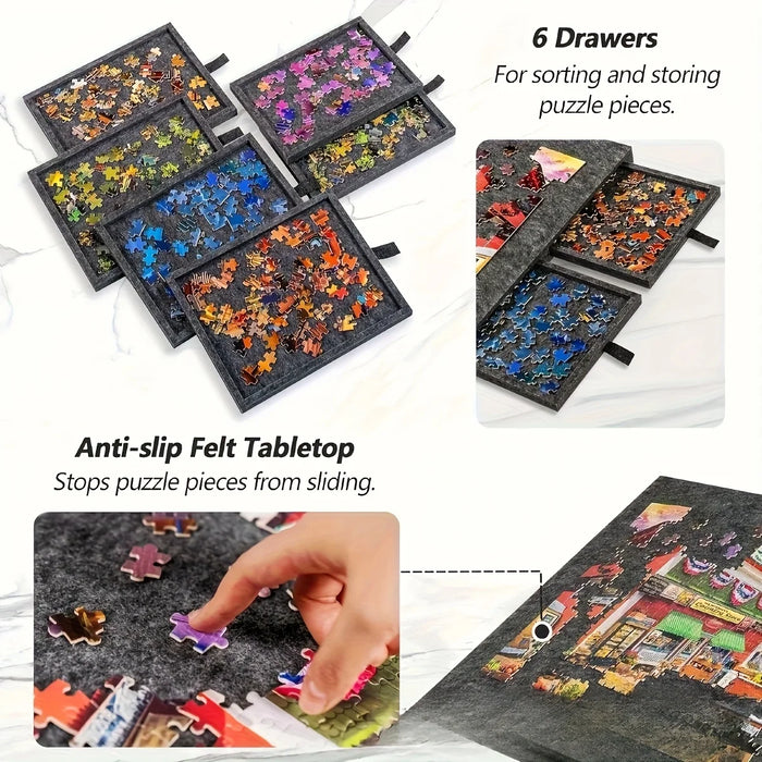 7-Piece Puzzle Storage Table with 6 Drawers — Felt Work Surface, Collapsible Organiser for 1000-Piece Jigsaws