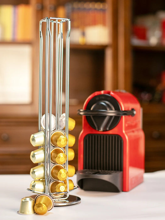 Silver Rotating Coffee Capsule Rack – 360° Base, Holds 40 Pods