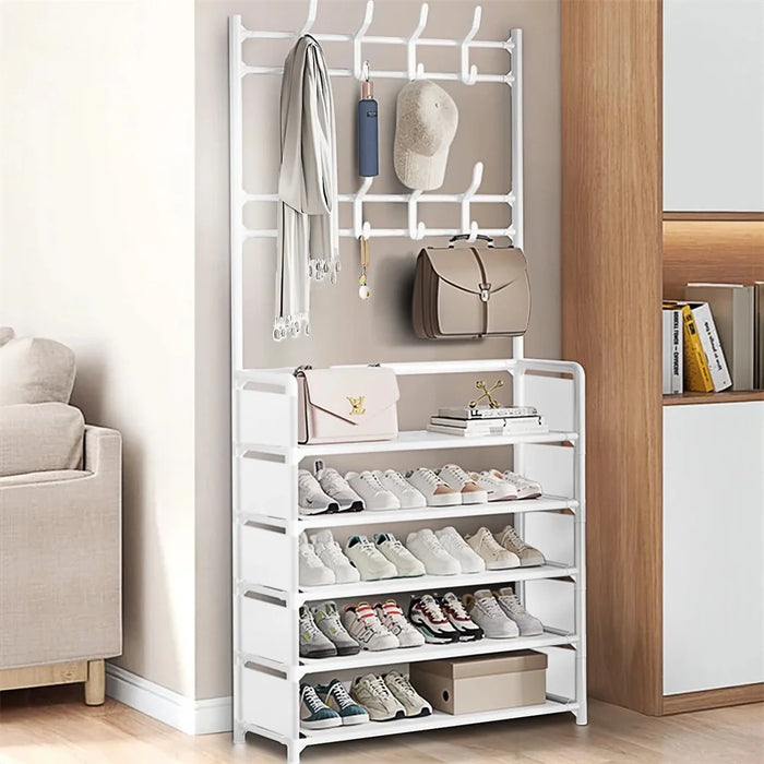 5-Tier Metal Coat & Shoe Rack with 8 Hooks — White