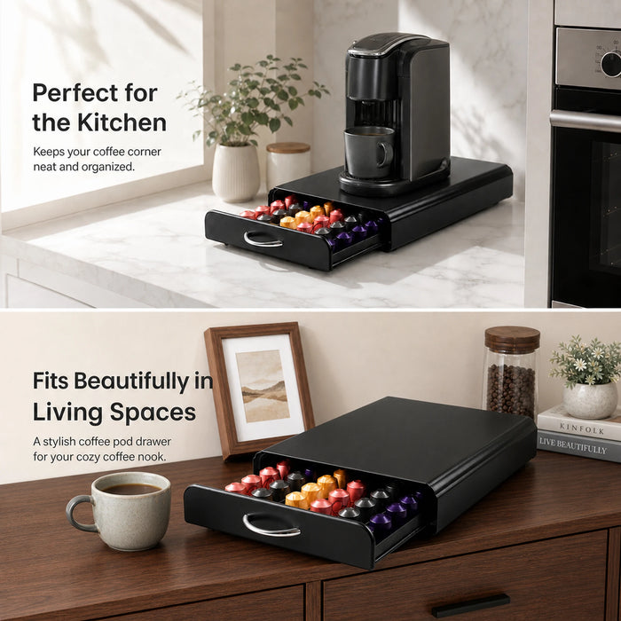 Coffee Pod Drawer & Machine Stand — Dust‑Proof Black (Holds 54 Pods)