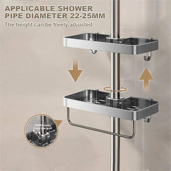 Punch-Free Shower Caddy (Single or Double) — Space Aluminium Shelf with Optional Towel Rail