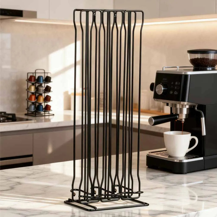 60-Capsule Metal Coffee Pod Rack — Floor-Standing Nespresso Storage (Black)