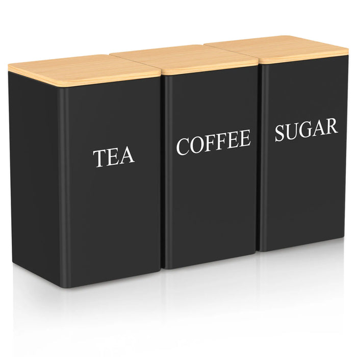 3‑Piece 1 L Coffee, Tea & Sugar Canisters with Airtight Bamboo Lids — Metal Storage Jars