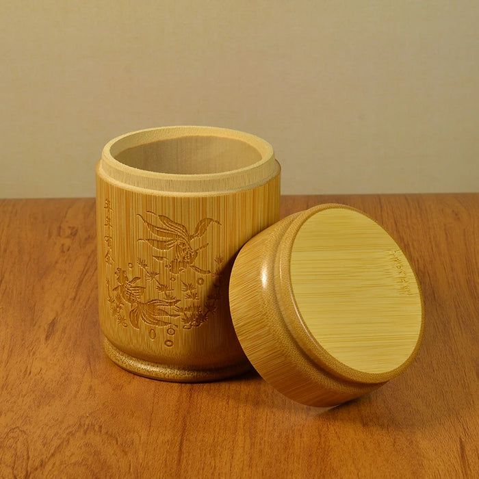 Handmade Bamboo Tea Canister with Sealing Lid — Carved Storage Box