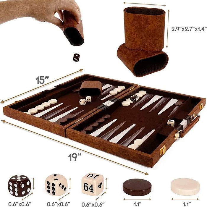 Classic 3‑in‑1 Backgammon Travel Set with Leather Case — Chess & Checkers (11/15/18 inch)