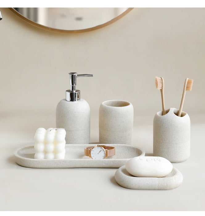 5‑Piece Bathroom Accessory Set — Dispenser, Toothbrush Holder, Tumbler, Tray & Soap Dish (Beige or Grey)