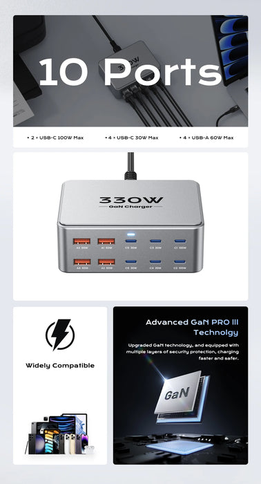 330W 10‑Port GaN USB‑C Charger — Dual 100W PD3.0/PPS Fast Charging Station