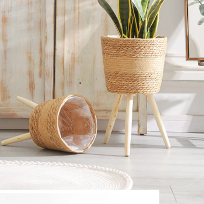Floor‑standing Rattan Plant Stand with Wooden Legs — Indoor Pothos Holder
