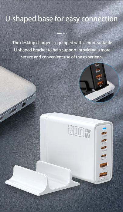 200W GaN 5‑Port USB‑C Fast Charger — Desktop Hub for MacBook Pro/Air & iPad Pro