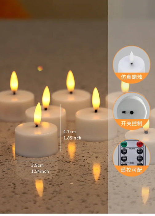 Rechargeable LED Tea Lights – Pack of 12, Black Wick, Remote-Controlled Flame-Effect