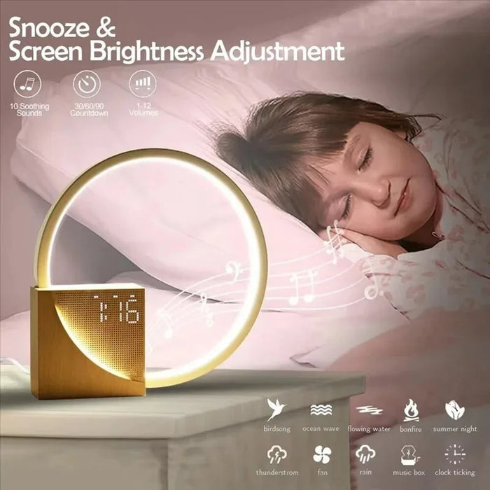 Touch Alarm Clock Night Light — 3-Level Dimmable Table Lamp with White Noise (Wood Colour)