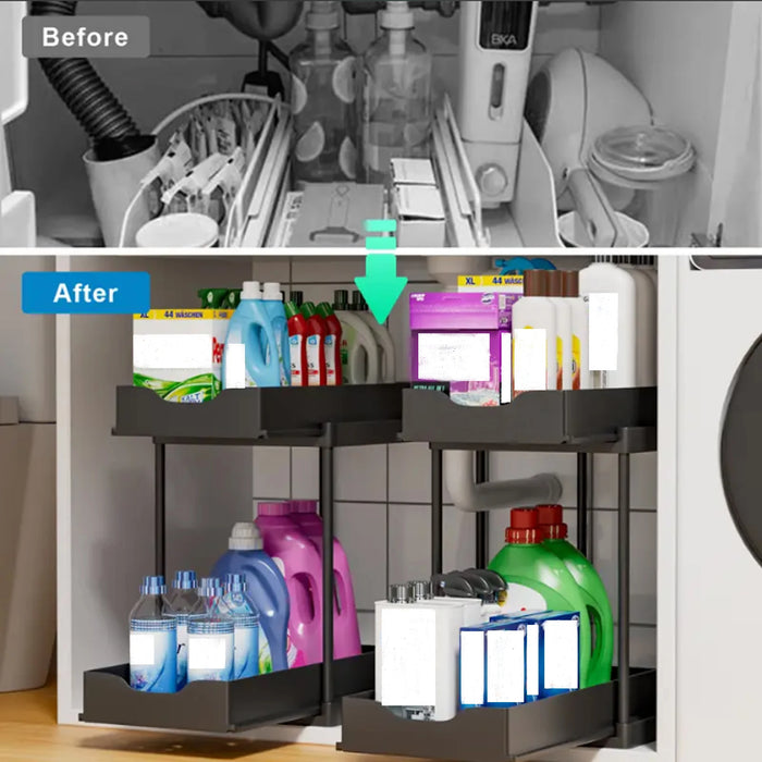 Double-Layer Pull-Out Storage Rack with 5 Hooks — PP Drawer Organiser for Kitchen & Bathroom