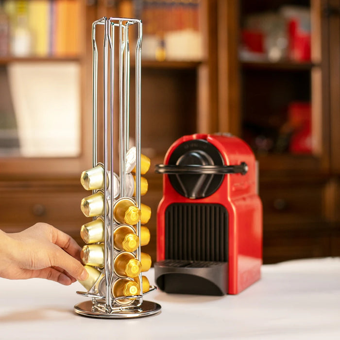 Silver Rotating Coffee Capsule Rack – 360° Base, Holds 40 Pods
