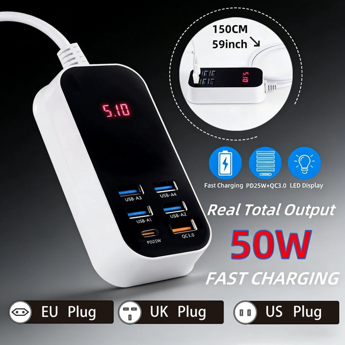 50W 6-Port USB Charger (5x USB-A + 1x USB-C) with PD, QC3.0 and LED Display