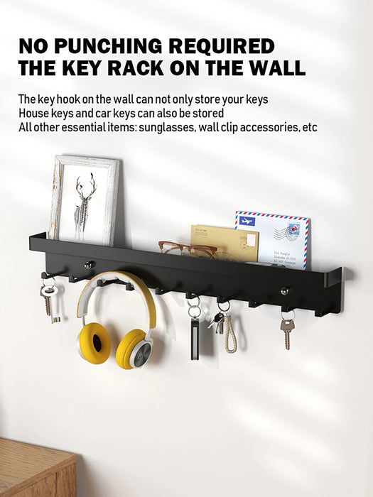 Wall-Mounted Key Organiser with Tray and Hooks – No-Drill or Drill Fixing