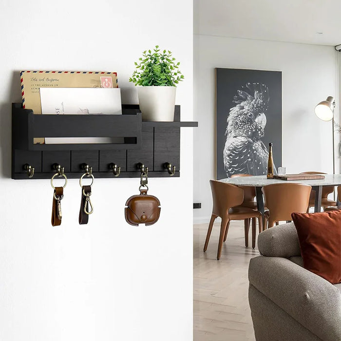 Wooden Wall-Mounted Key Rack & Mail Organiser — 6 Hooks