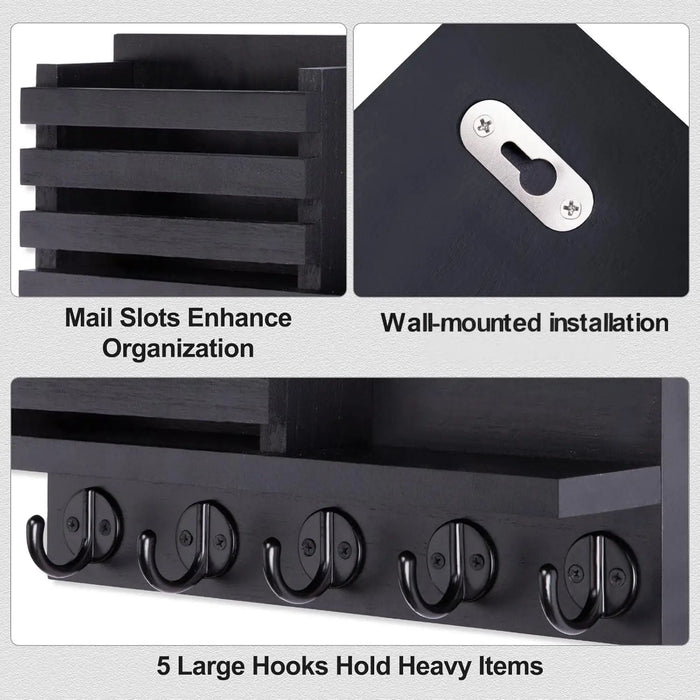 Wall-Mounted Wooden Key & Mail Rack with 5 Metal Hooks, Fittings Included