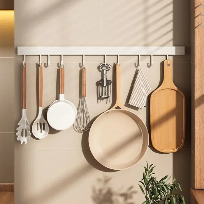 No-Punch Wall-Mounted Kitchen Rack with Movable Hook Spoon Holder — White Aluminium