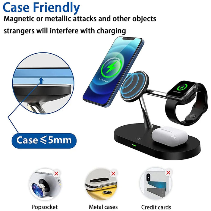 3-in-1 Magnetic Wireless Charger Stand for iPhone 12–17, Apple Watch Series 4–10 & AirPods (Qi)