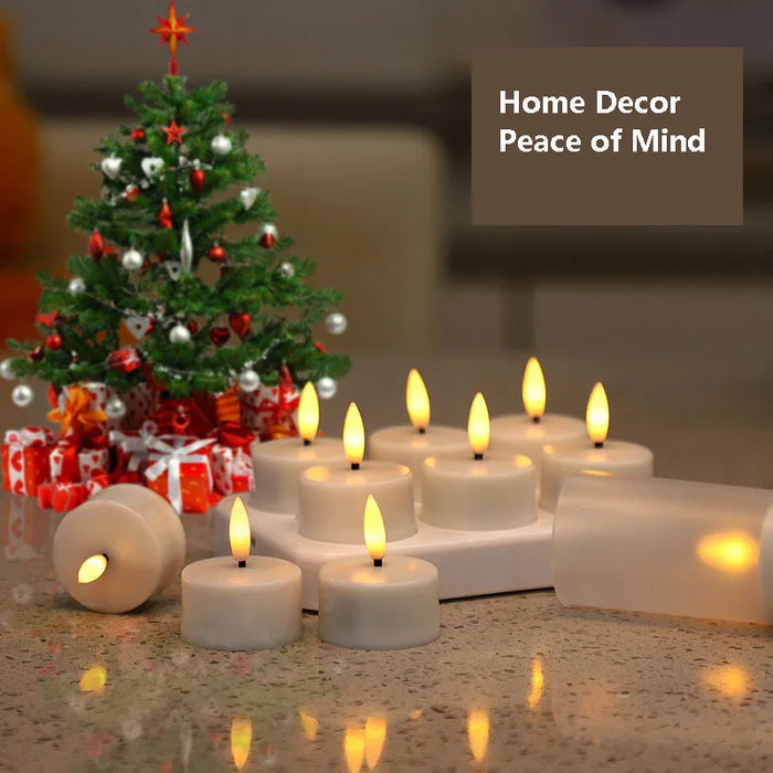Rechargeable LED Tea Lights – Pack of 12, Black Wick, Remote-Controlled Flame-Effect
