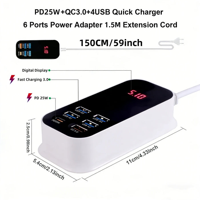 50W 6-Port USB Charger (5x USB-A + 1x USB-C) with PD, QC3.0 and LED Display