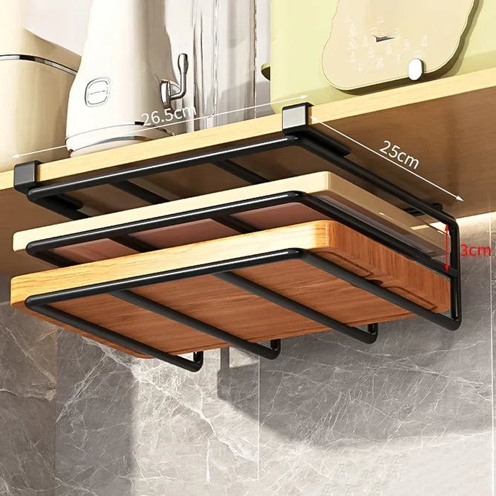 Under-Cupboard Kitchen Hanging Rack with Hooks — Paper Towel, Cutting Board & Pot Lid Holder