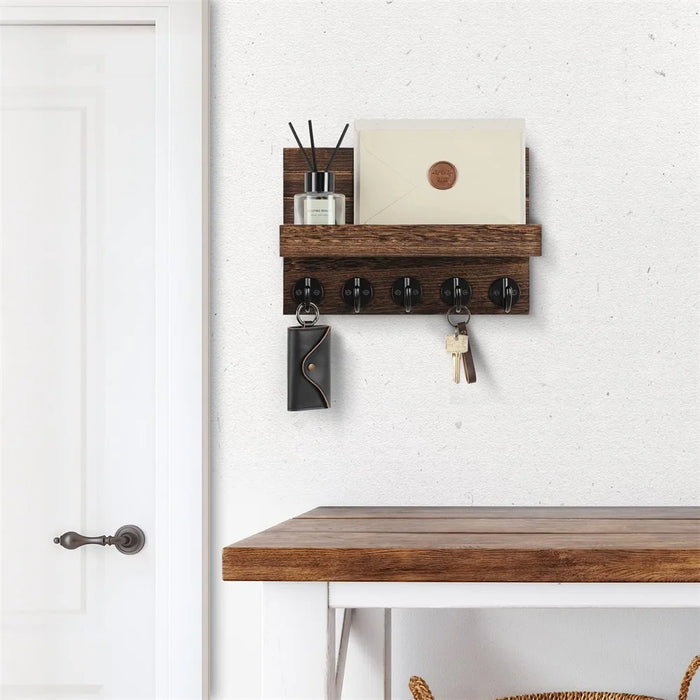 Wall-mounted Key and Mail Shelf with 5 Hooks - Wooden Entryway Rack
