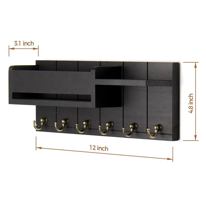 Wooden Wall-Mounted Key Rack & Mail Organiser — 6 Hooks