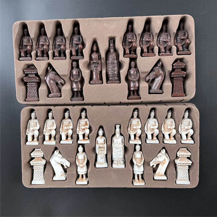 Large 43cm (16.93in) Imitation Terracotta Army Plastic Chess Set with Aged Leather-Effect Board