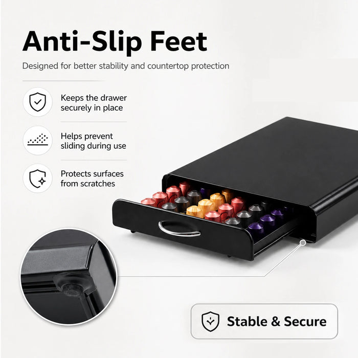Coffee Pod Drawer & Machine Stand — Dust‑Proof Black (Holds 54 Pods)