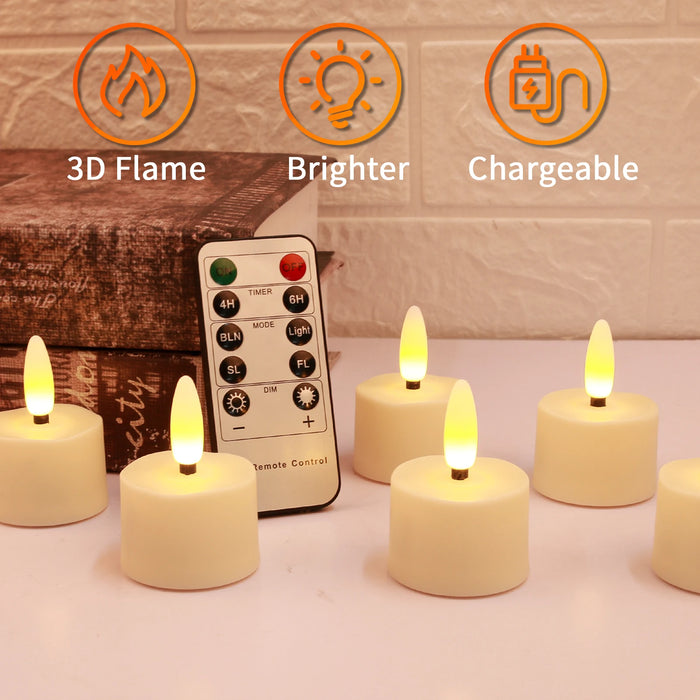 Rechargeable Flameless LED Tea Lights with Remote & Timer — 3D Flicker, 2700K