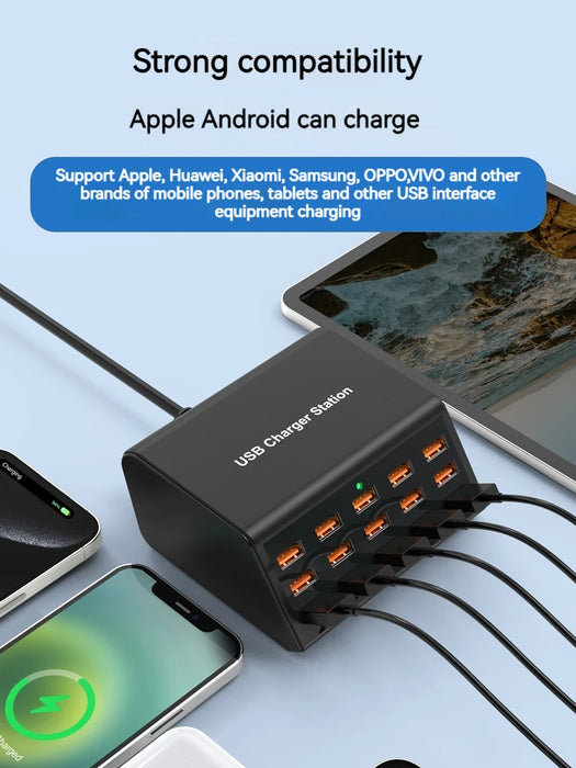 100W 15-Port Desktop USB Charger Station — Fast Charge for iPhone, iPad & Samsung