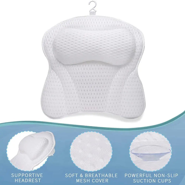 Bath Pillow for Neck & Back Support with Strong Suction Cups — Soft Spa Cushion (White)