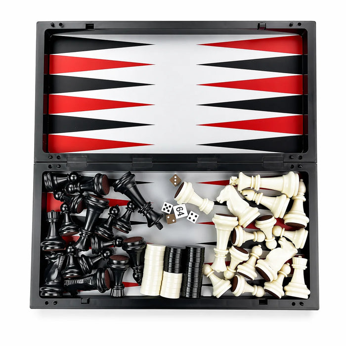 3-in-1 Folding Chess, Checkers & Backgammon Set — Portable Travel Board (4 Sizes)