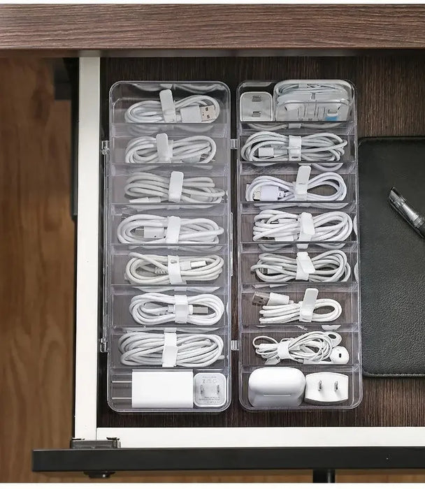 8-Compartment Transparent Acrylic Cable Organiser Box with Dustproof Cover
