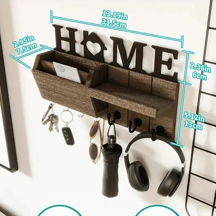 Rustic Wooden Wall-Mounted Organiser with Shelf and 7 Hooks