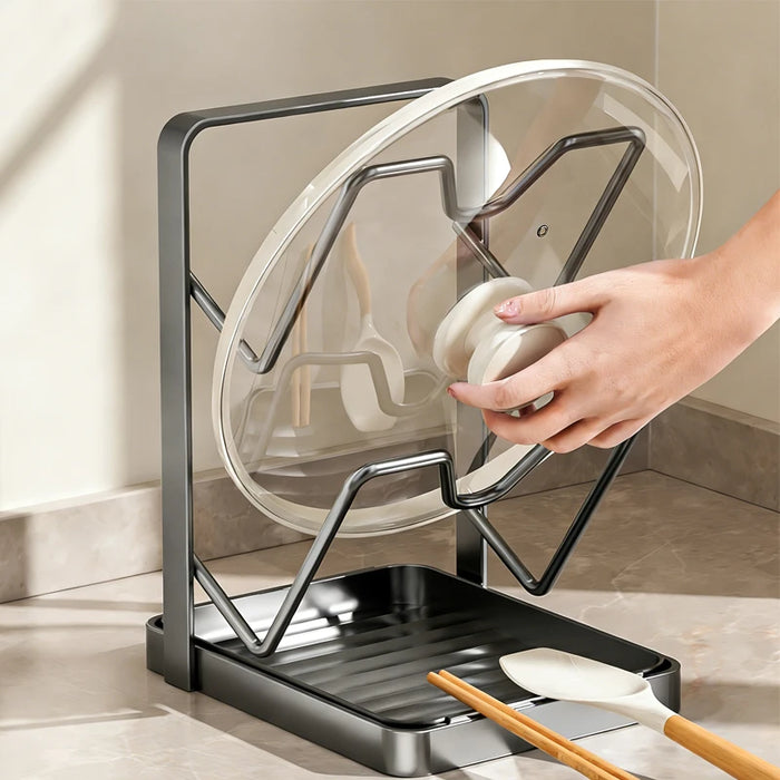 Pot Lid & Cutting Board Rack — Steel Holder with U‑Shaped Slots & Drip Tray