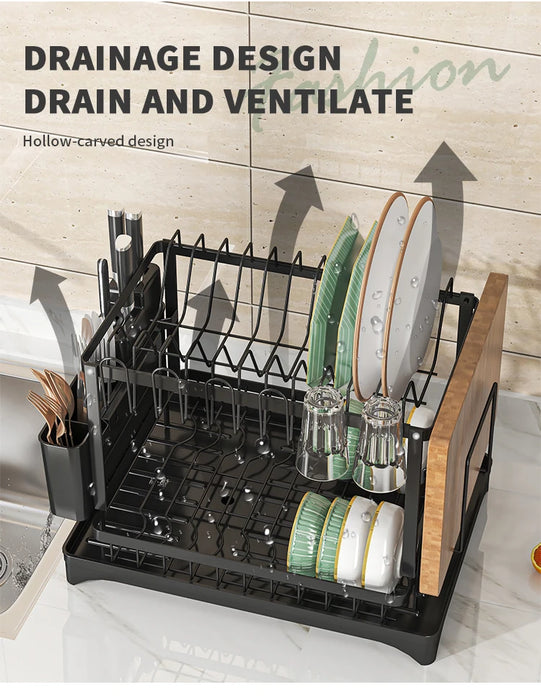 2-Tier Metal Dish Drainer with Draining Spout, Cutlery & Cup Holders