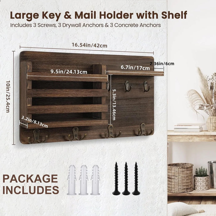 Rustic Wall-Mounted Mail Organiser with Key Hooks & Floating Shelf