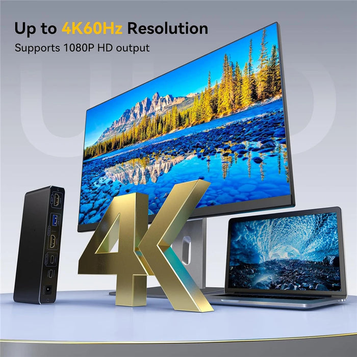 USB-C Thunderbolt HDMI KVM Switch — 2‑Port, 4K@60Hz & 2K@120Hz, 100W PD, 1 Monitor for 2 PCs